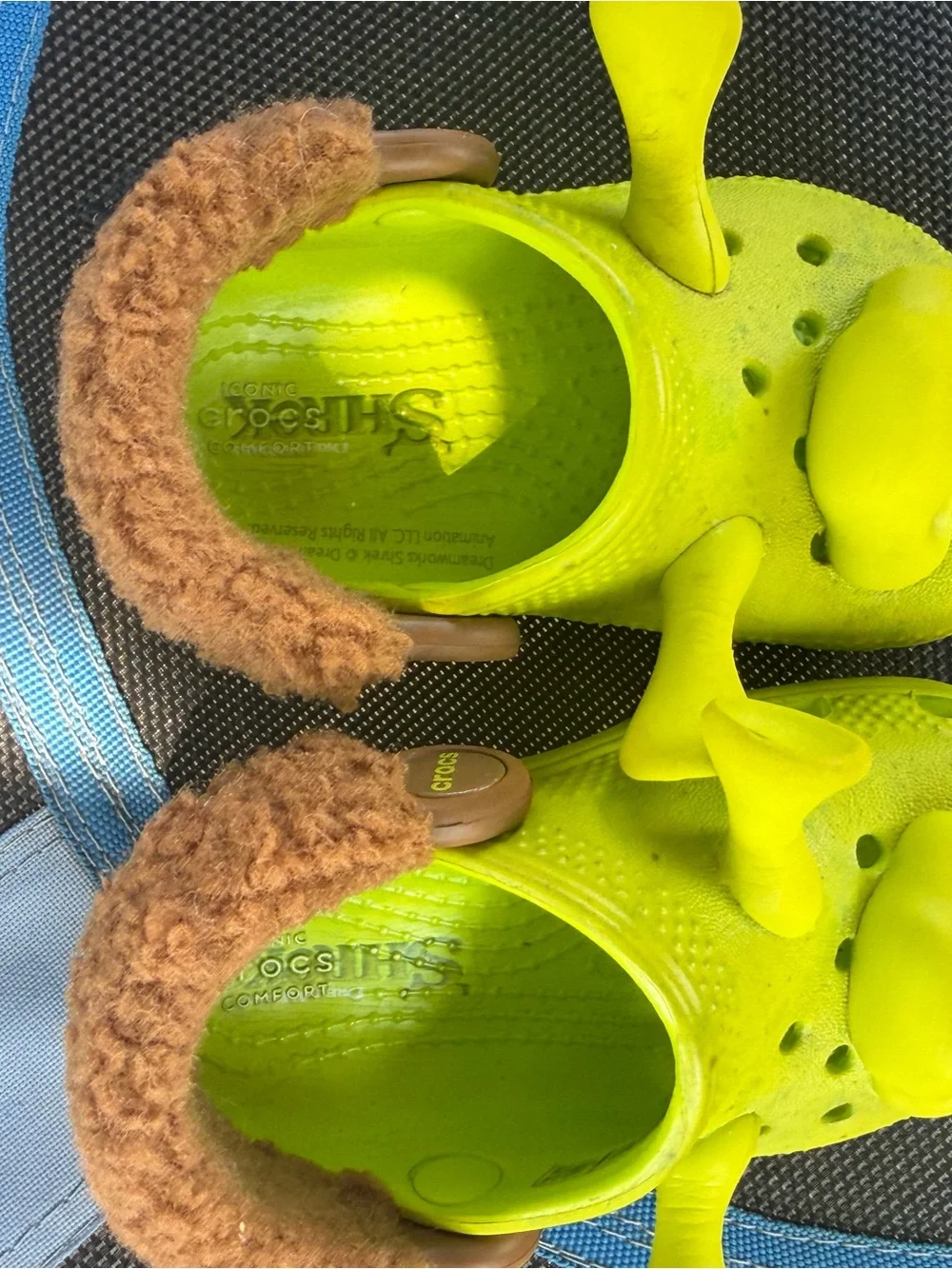 CROCS Kids Neon Lime Clog Sandals with Brown Faux Fur Trim